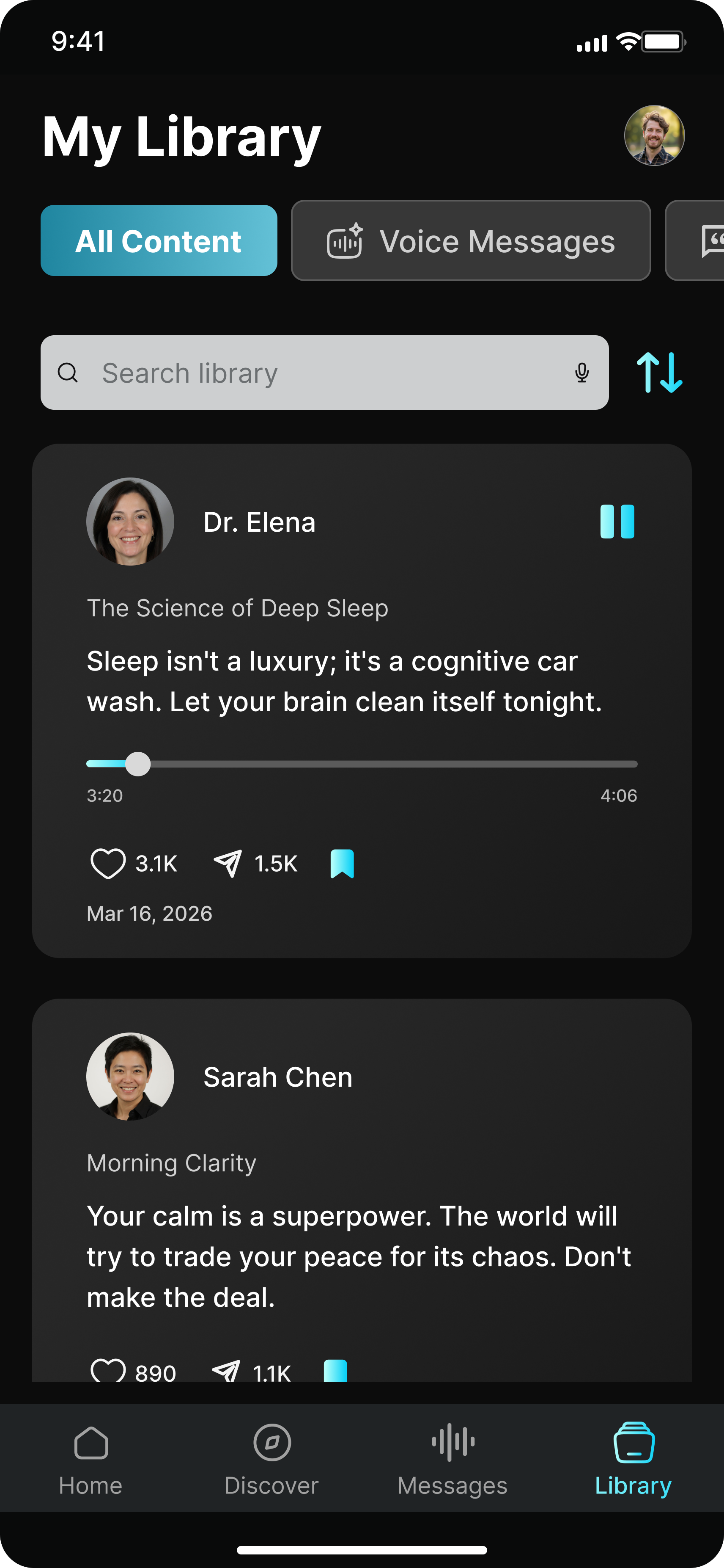 My Library — saved audio quotes and voice messages
