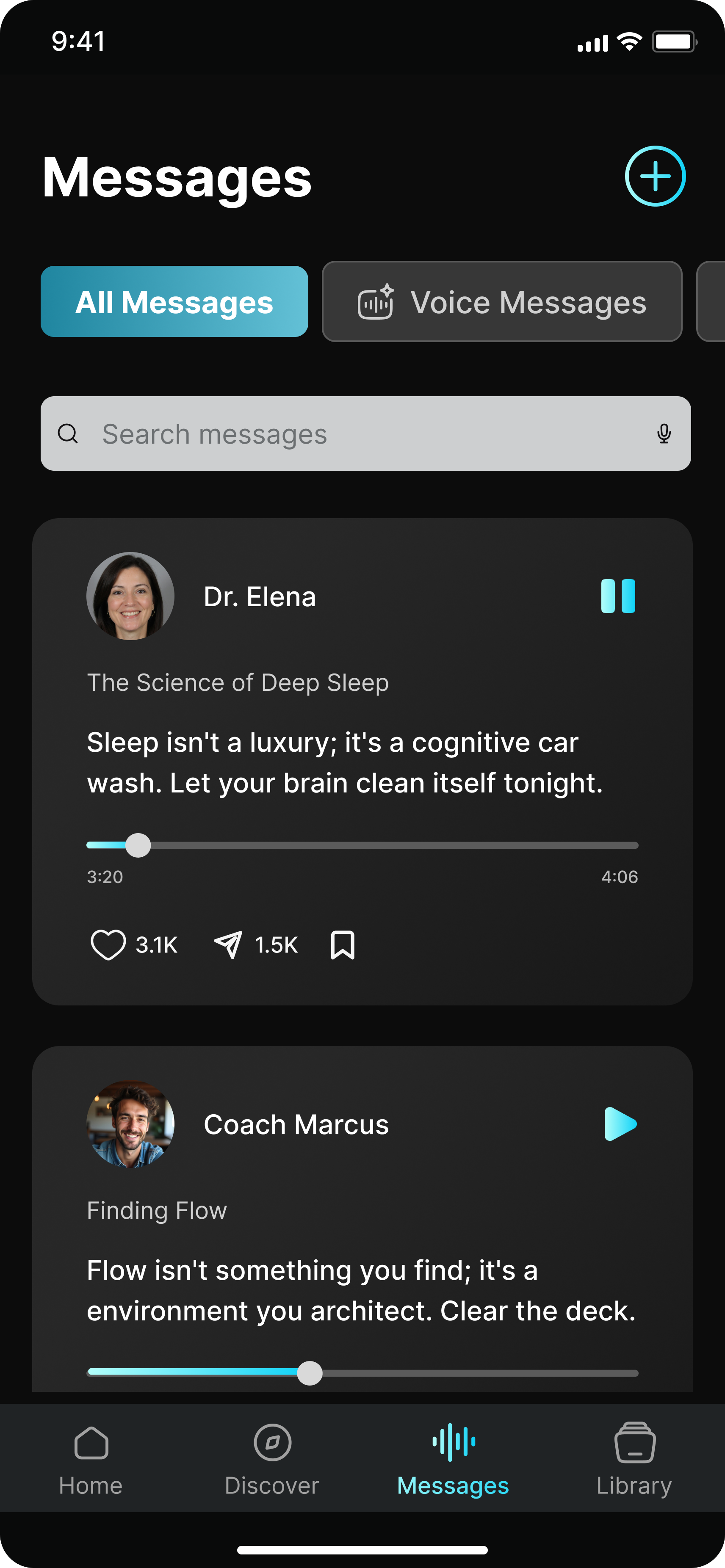 Messages — voice notes from coaches you follow