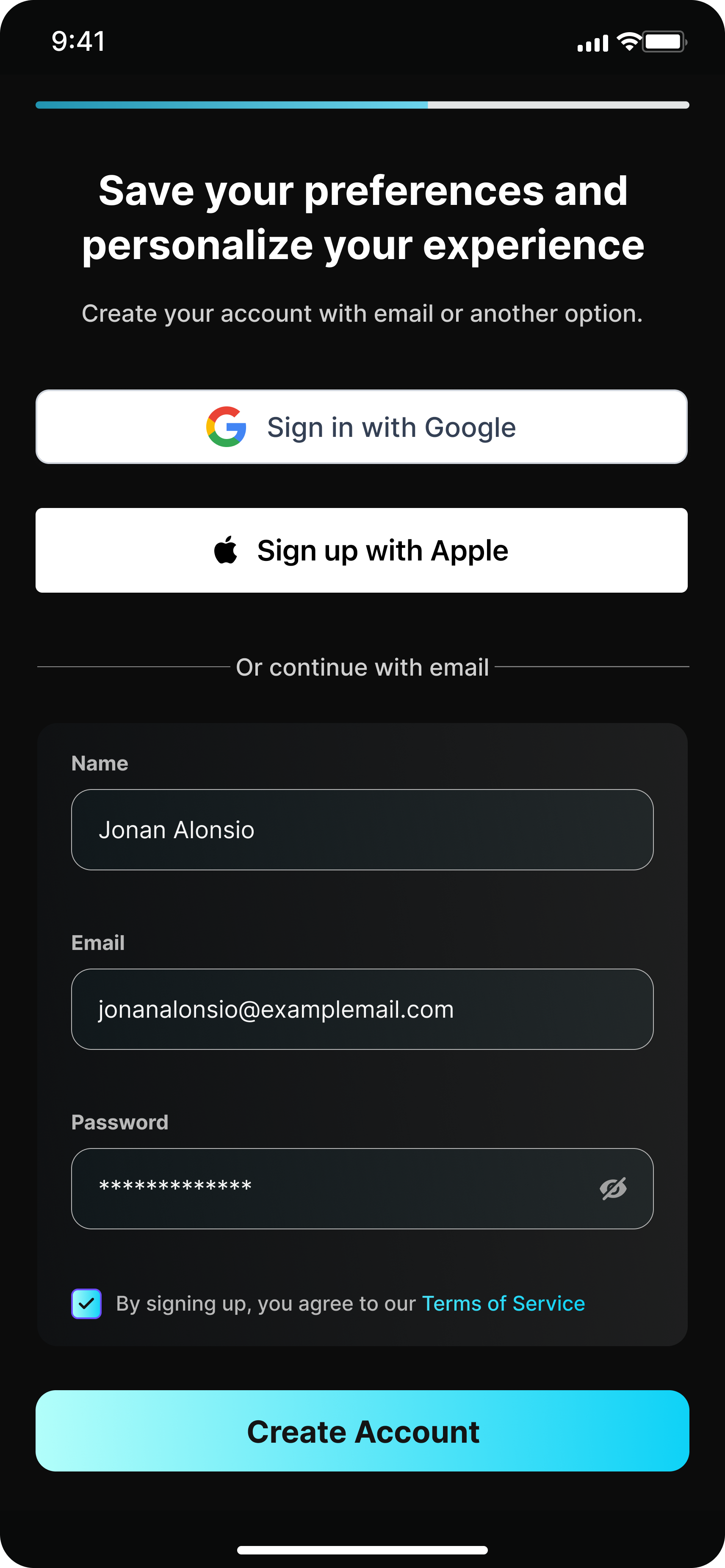 Account creation screen